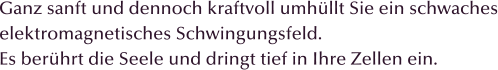 Ganz sanft und dennoch kraftvoll umh�llt Sie ein schwaches elektromagnetisches Schwingungsfeld. Es ber�hrt die Seele und dringt tief in Ihre Zellen ein.