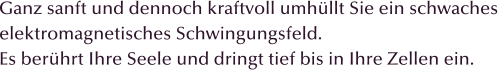 Ganz sanft und dennoch kraftvoll umhllt Sie ein schwaches elektromagnetisches Schwingungsfeld. Es berhrt Ihre Seele und dringt tief bis in Ihre Zellen ein.