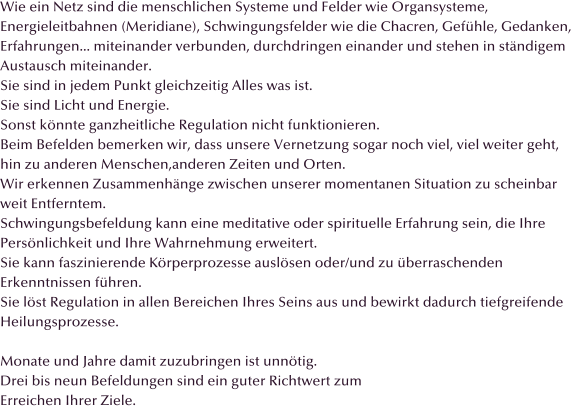 Wie ein Netz sind die menschlichen Systeme und Felder wie Organsysteme,  Energieleitbahnen (Meridiane), Schwingungsfelder wie die Chacren, Gefhle, Gedanken, Erfahrungen... miteinander verbunden, durchdringen einander und stehen in stndigem  Austausch miteinander. Sie sind in jedem Punkt gleichzeitig Alles was ist. Sie sind Licht und Energie. Sonst knnte ganzheitliche Regulation nicht funktionieren.  Beim Befelden bemerken wir, dass unsere Vernetzung sogar noch viel, viel weiter geht,  hin zu anderen Menschen,anderen Zeiten und Orten.  Wir erkennen Zusammenhnge zwischen unserer momentanen Situation zu scheinbar  weit Entferntem. Schwingungsbefeldung kann eine meditative oder spirituelle Erfahrung sein, die Ihre  Persnlichkeit und Ihre Wahrnehmung erweitert. Sie kann faszinierende Krperprozesse auslsen oder/und zu berraschenden  Erkenntnissen fhren. Sie lst Regulation in allen Bereichen Ihres Seins aus und bewirkt dadurch tiefgreifende  Heilungsprozesse.  Monate und Jahre damit zuzubringen ist unntig. Drei bis neun Befeldungen sind ein guter Richtwert zum  Erreichen Ihrer Ziele.